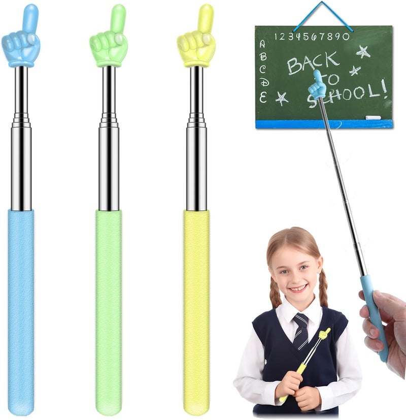 Dumero Retractable Teacher Pointer for Classroom Kids Reading, Extendable Finger Pointer Stick for School, Collapsible Finger Pointing Stick, Long Telescoping Hand Pointer-3 Pack: Blue, Green, Yellow - Image 1